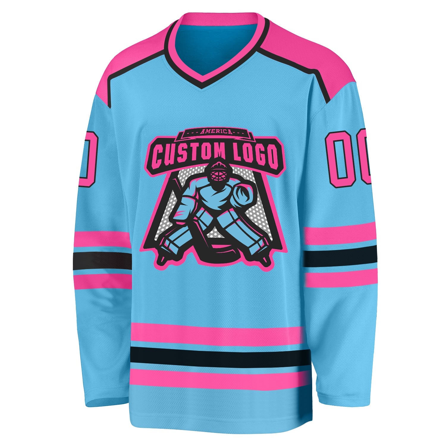 Custom Sky Blue Pink-Black Hockey Jersey view 2