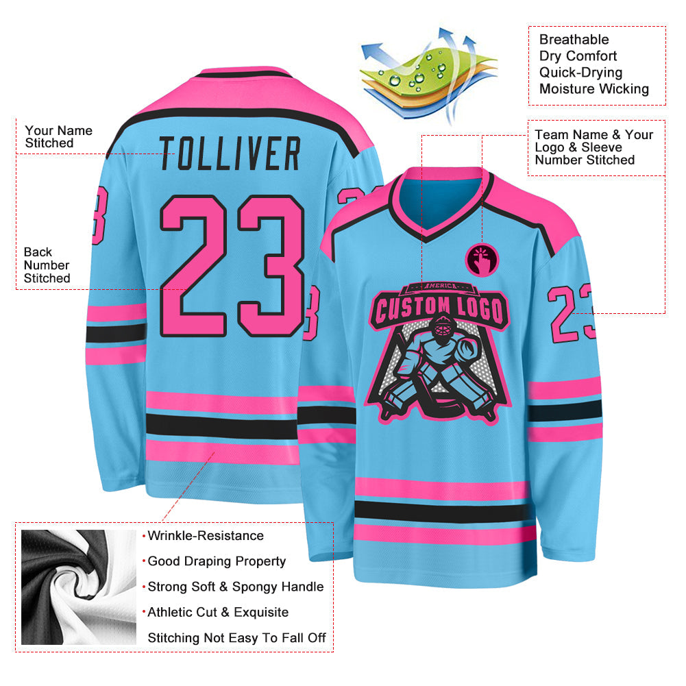 Custom Sky Blue Pink-Black Hockey Jersey view 3