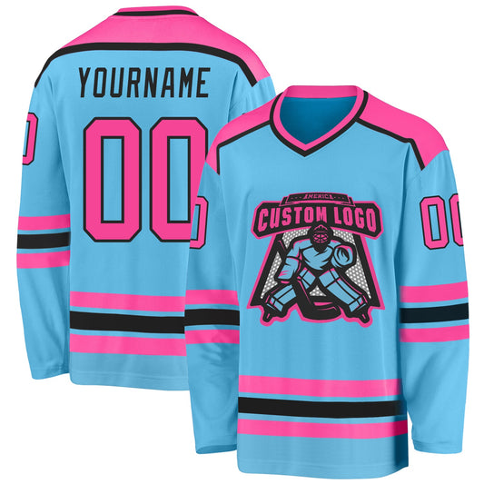 Custom Sky Blue Pink-Black Hockey Jersey - Main View