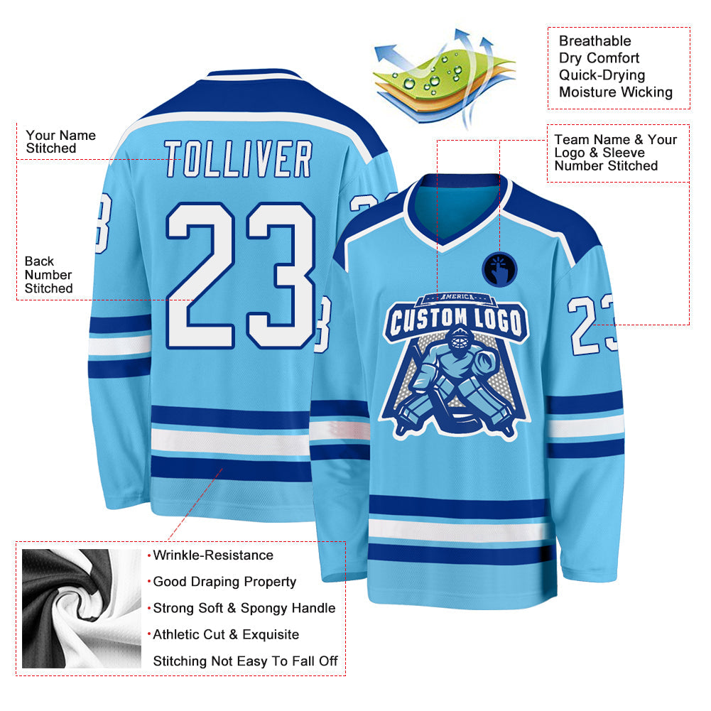 Custom Sky Blue White-Royal Hockey Jersey view 3