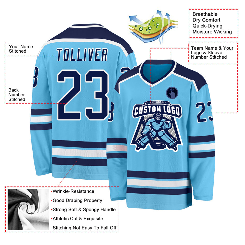 Custom Sky Blue Navy-White Hockey Jersey view 3