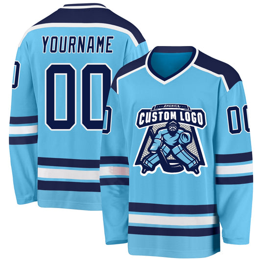 Custom Sky Blue Navy-White Hockey Jersey - Main View