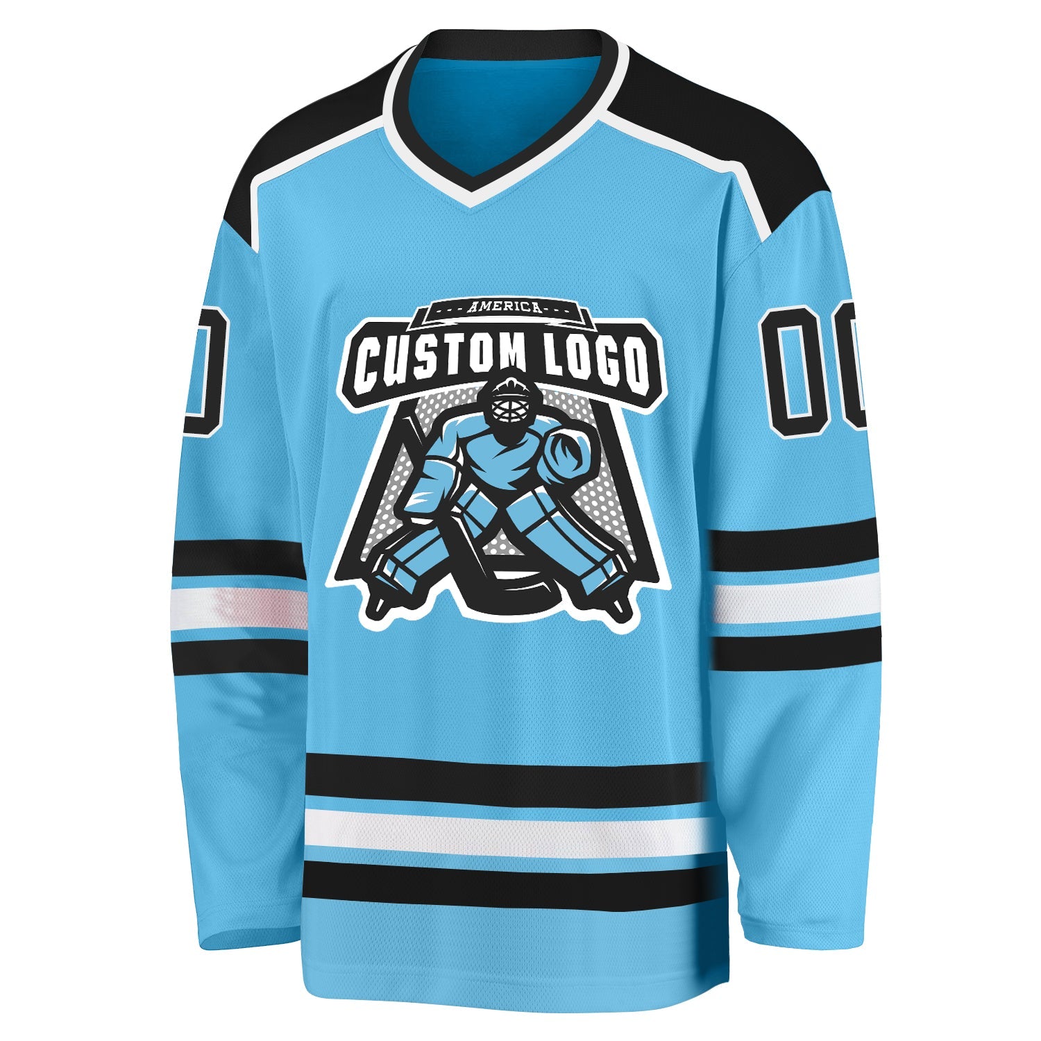 Custom Sky Blue Black-White Hockey Jersey view 2