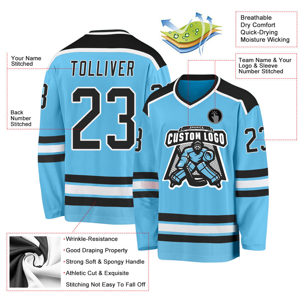 Custom Sky Blue Black-White Hockey Jersey view 3