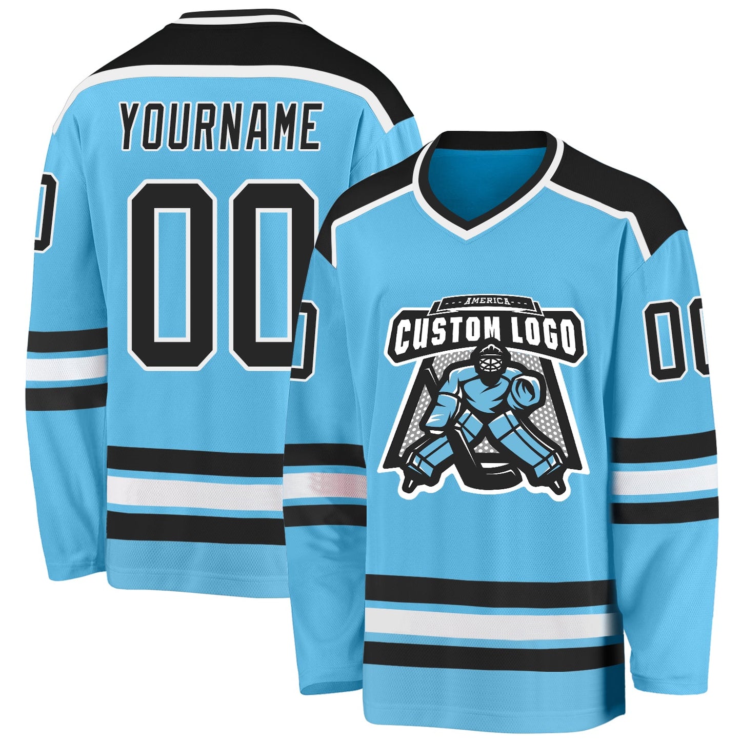 Custom Sky Blue Black-White Hockey Jersey - Main View