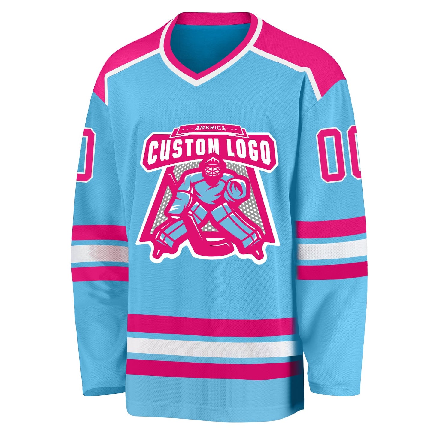 Custom Sky Blue Hot Pink-White Hockey Jersey view 2