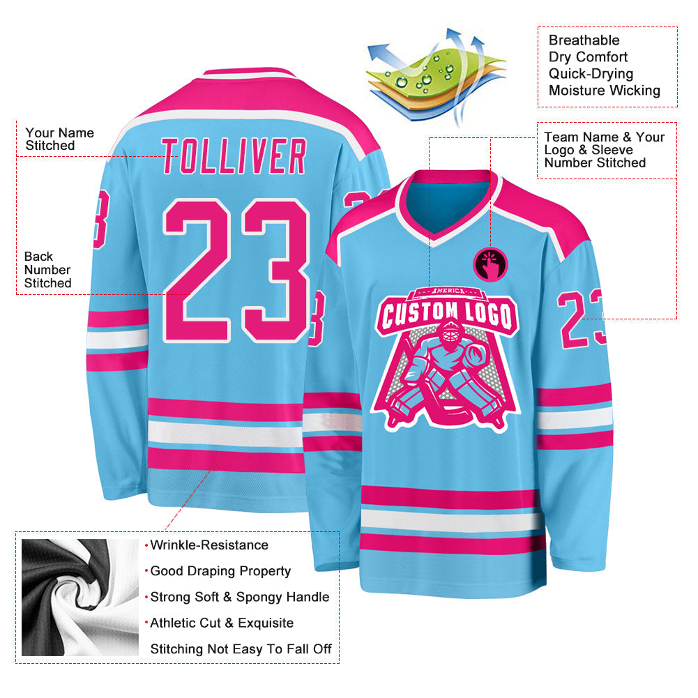 Custom Sky Blue Hot Pink-White Hockey Jersey view 3