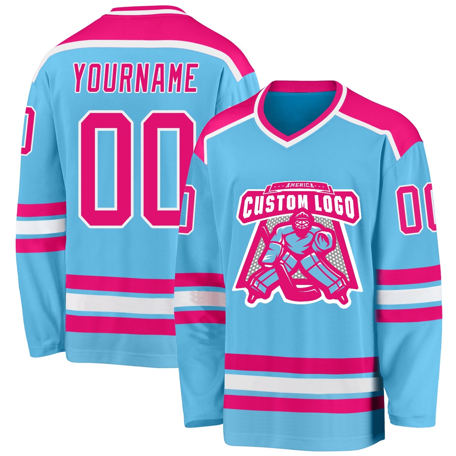 Custom Sky Blue Hot Pink-White Hockey Jersey - Main View