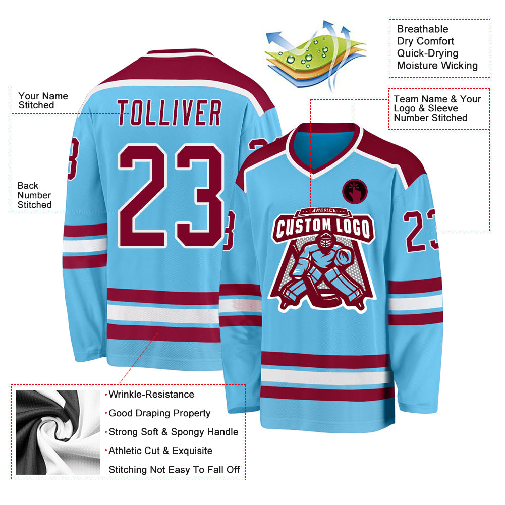 Custom Sky Blue Maroon-White Hockey Jersey view 3