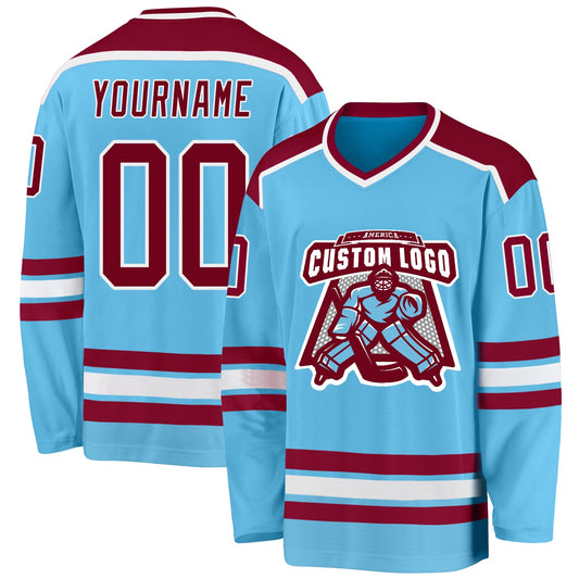 Custom Sky Blue Maroon-White Hockey Jersey - Main View
