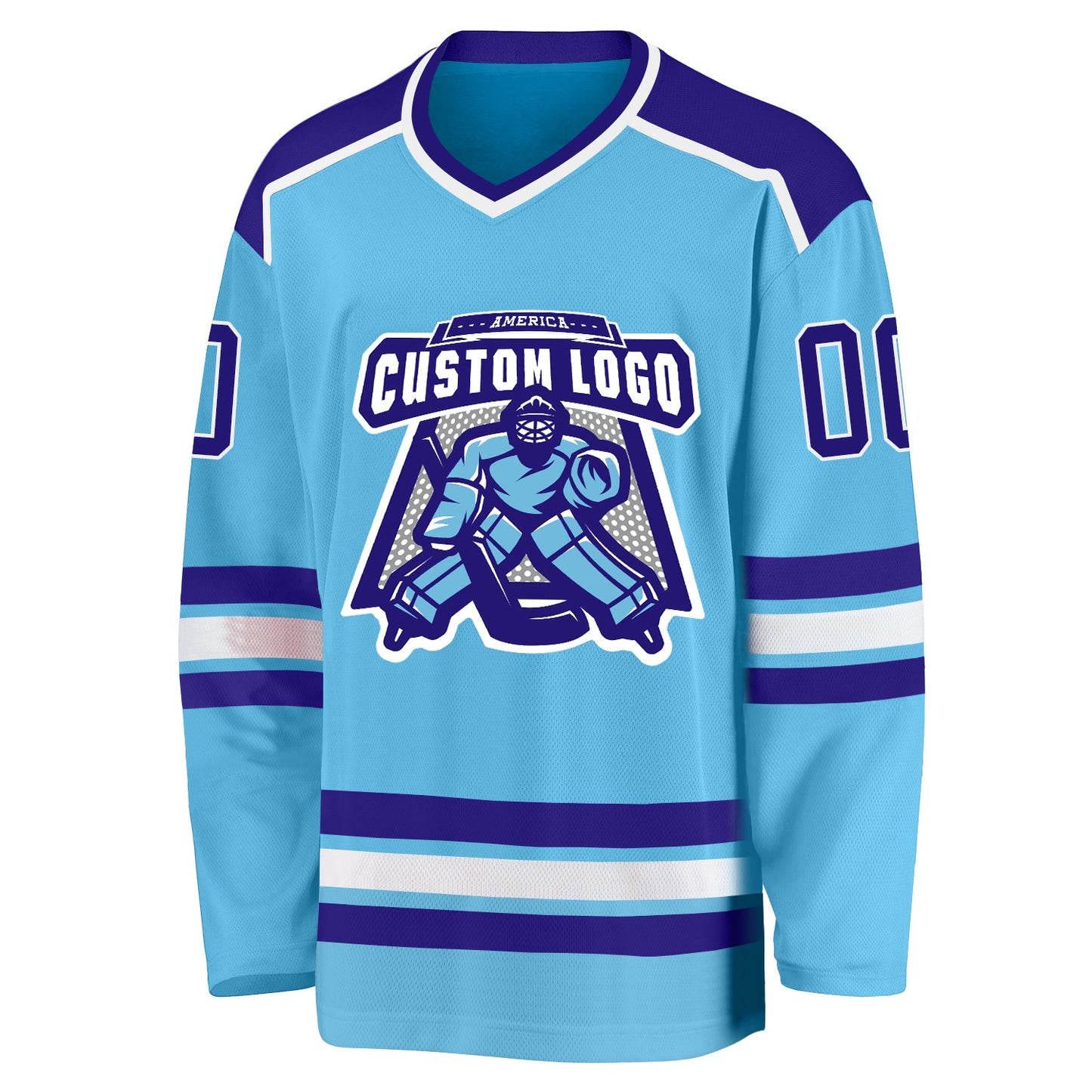 Custom Sky Blue Dark Purple-White Hockey Jersey view 2