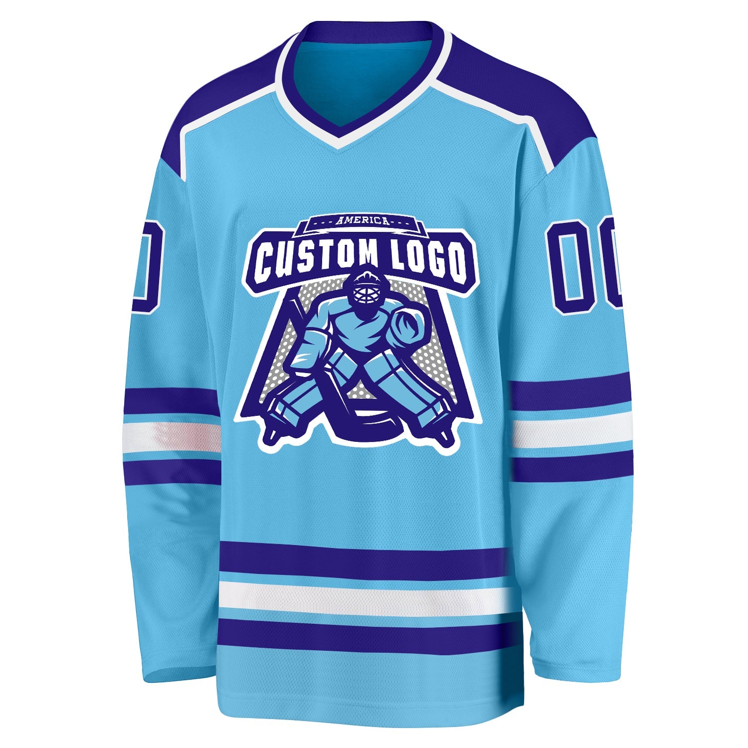 Custom Sky Blue Dark Purple-White Hockey Jersey view 2