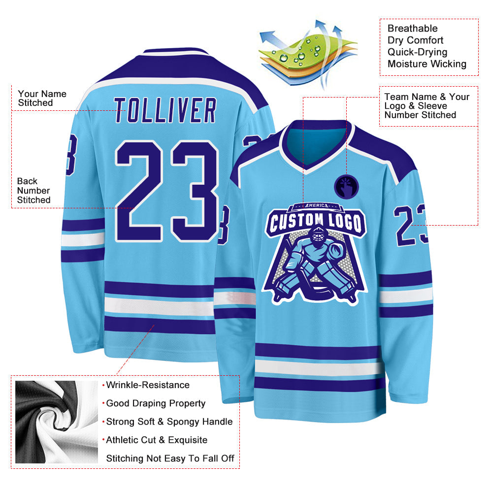 Custom Sky Blue Dark Purple-White Hockey Jersey view 3