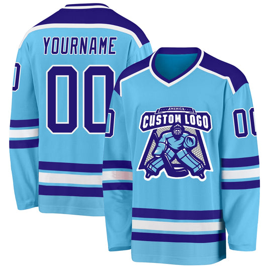 Custom Sky Blue Dark Purple-White Hockey Jersey - Main View
