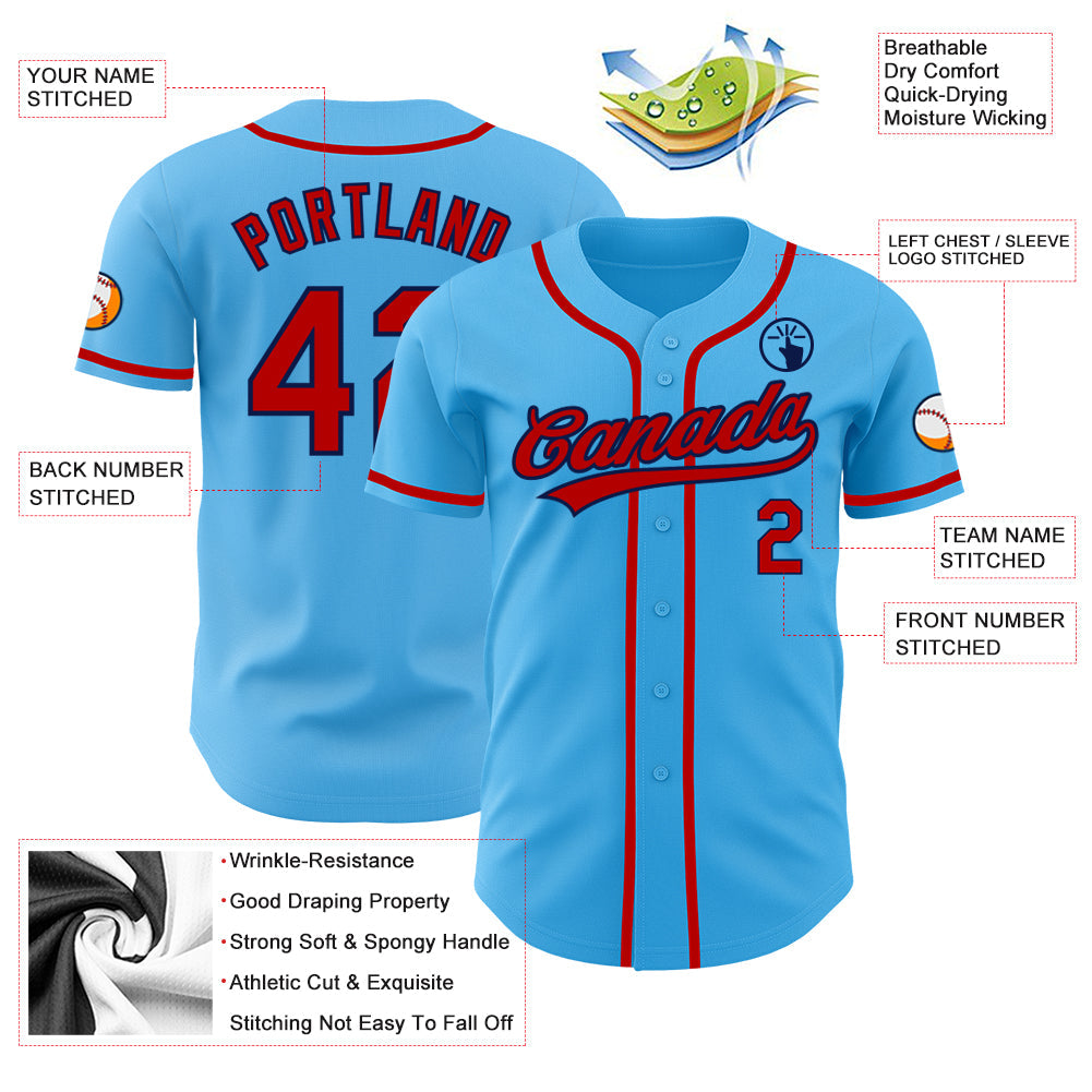 Custom Sky Blue Red-Navy Authentic Baseball Jersey view 3