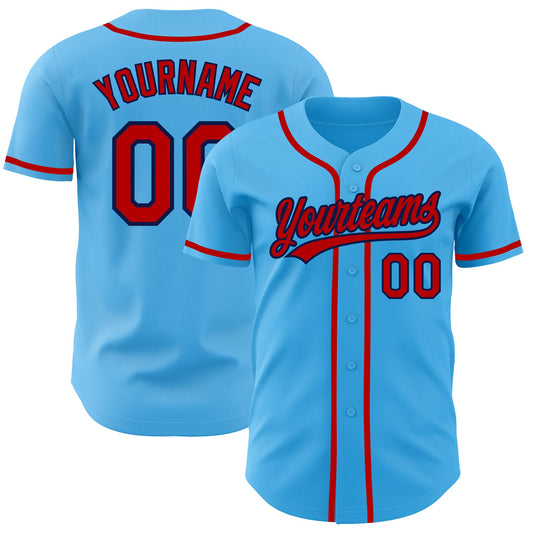 Custom Sky Blue Red-Navy Authentic Baseball Jersey - Main View