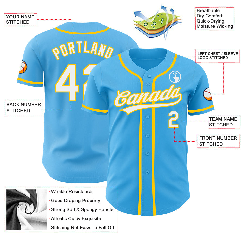 Custom Sky Blue White-Yellow Authentic Baseball Jersey view 3