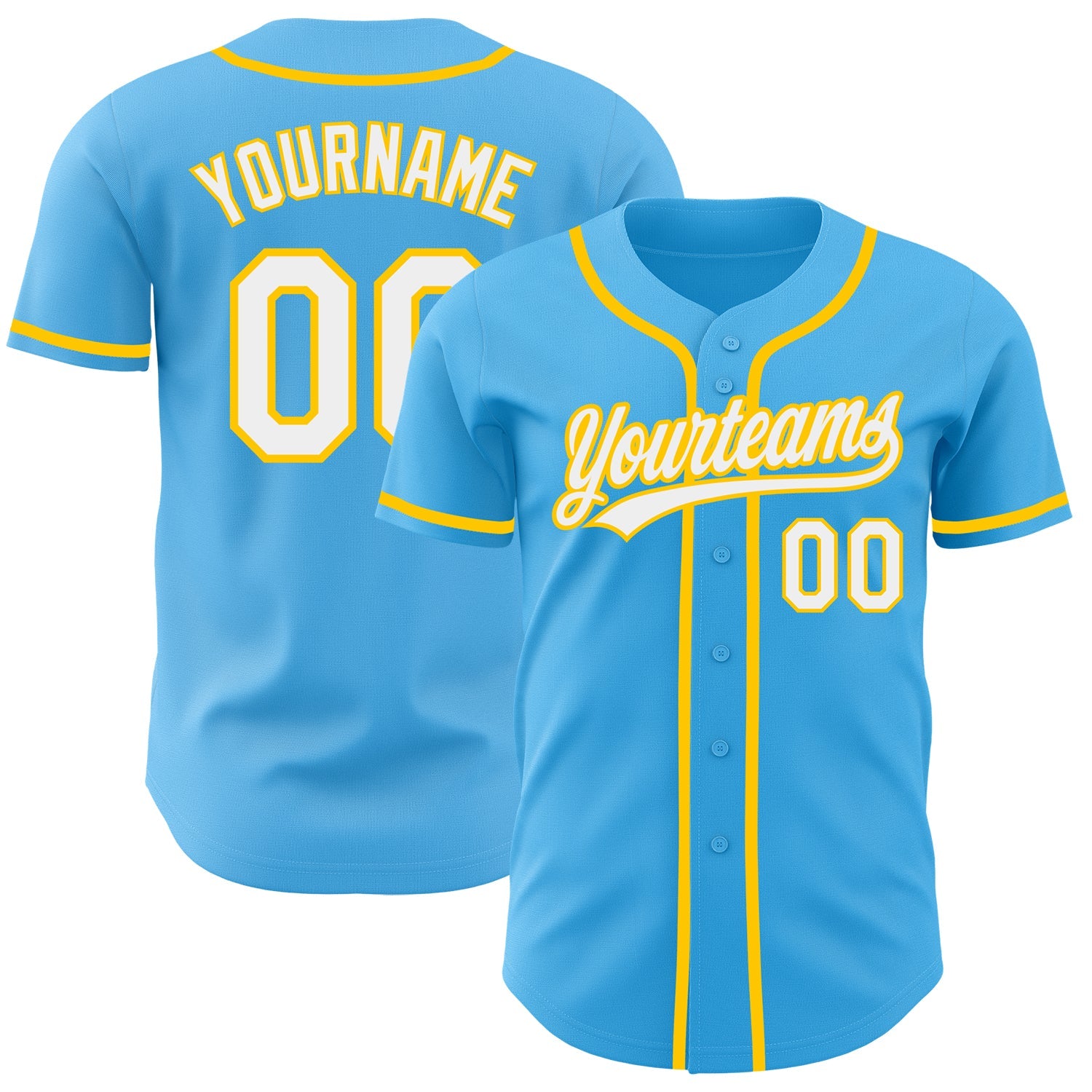 Custom Sky Blue White-Yellow Authentic Baseball Jersey - Main View
