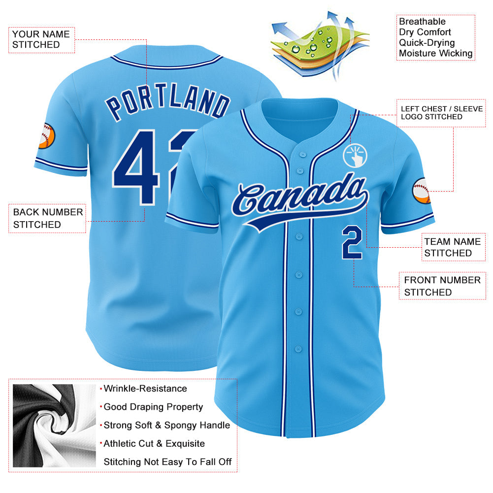 Custom Sky Blue Royal-White Authentic Baseball Jersey view 3
