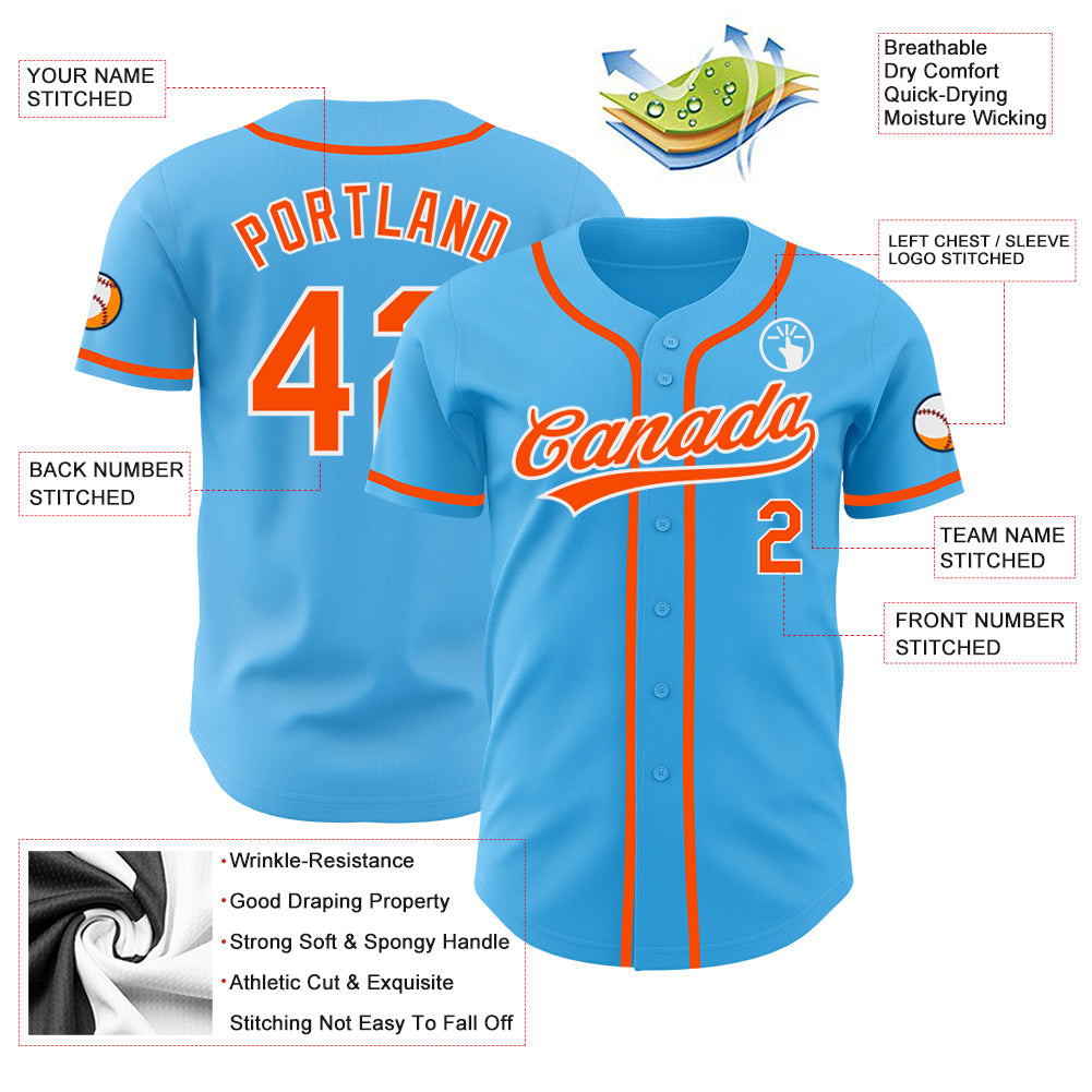 Custom Sky Blue Orange-White Authentic Baseball Jersey view 3