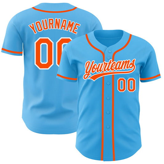 Custom Sky Blue Orange-White Authentic Baseball Jersey - Main View