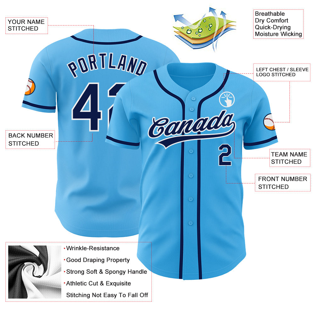 Custom Sky Blue Navy-White Authentic Baseball Jersey view 3