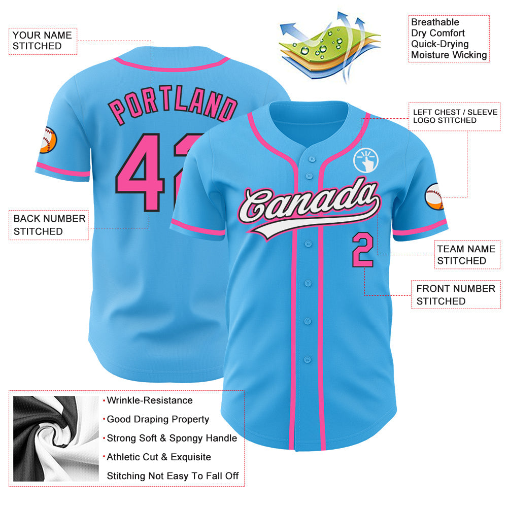Custom Sky Blue Pink-Black Authentic Baseball Jersey view 4