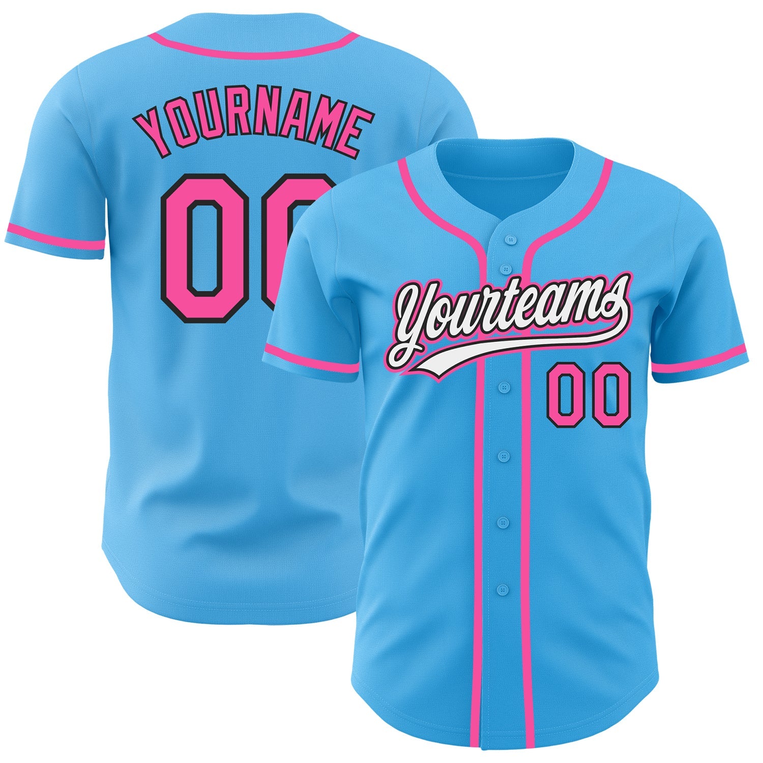 Custom Sky Blue Pink-Black Authentic Baseball Jersey - Main View