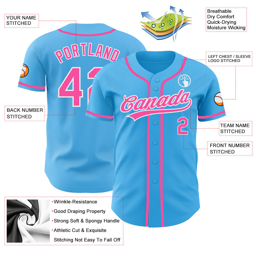 Custom Sky Blue Pink-White Authentic Baseball Jersey view 3