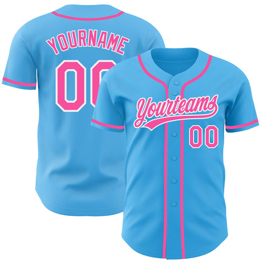 Custom Sky Blue Pink-White Authentic Baseball Jersey - Main View
