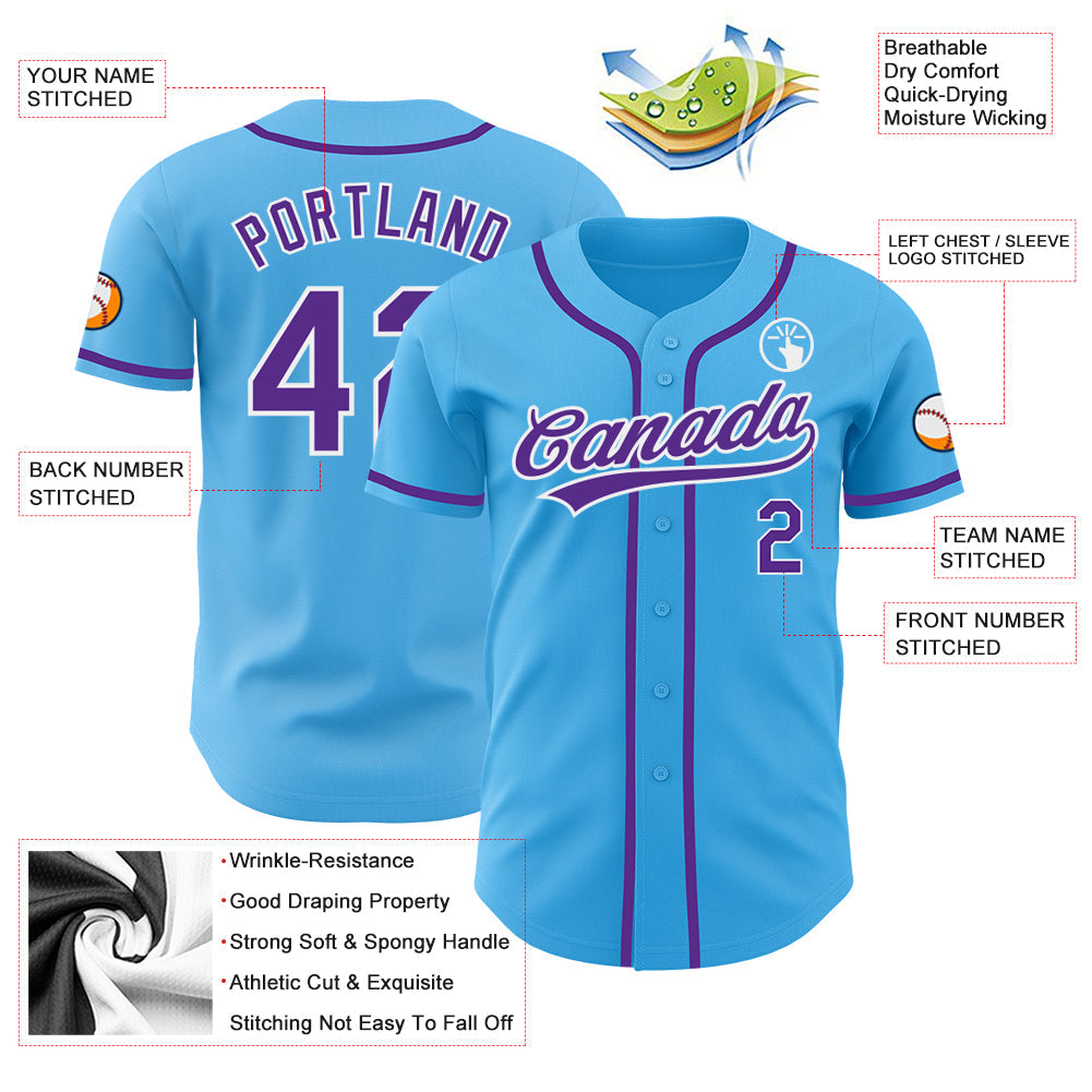 Custom Sky Blue Purple-White Authentic Baseball Jersey view 3
