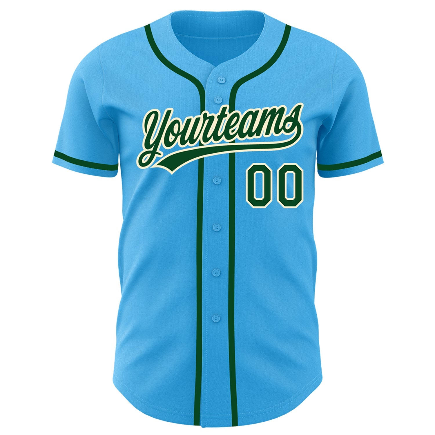 Custom Sky Blue Green-Cream Authentic Baseball Jersey view 2