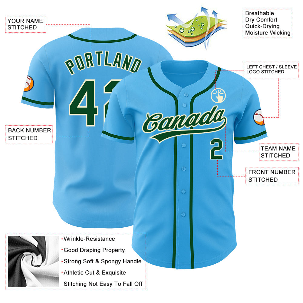 Custom Sky Blue Green-Cream Authentic Baseball Jersey view 3