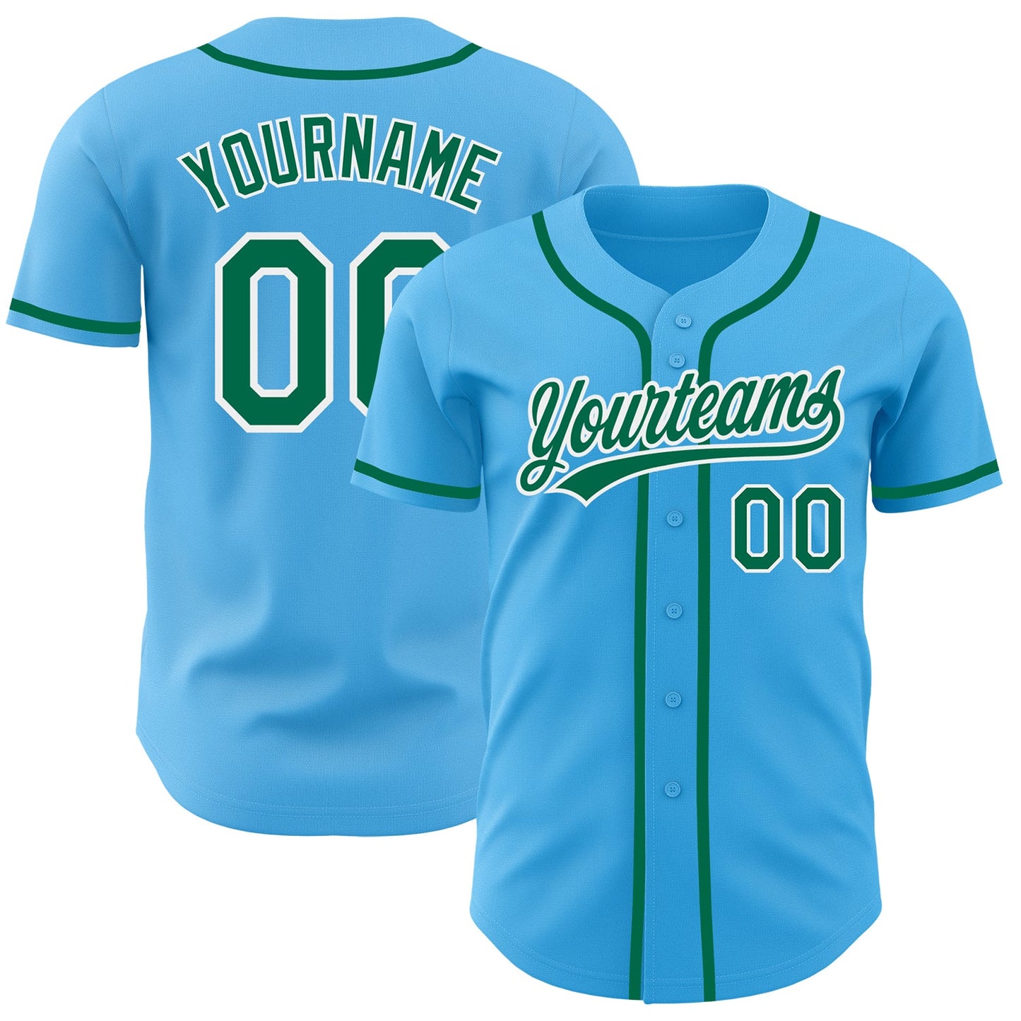 Custom Sky Blue Kelly Green-White Authentic Baseball Jersey - Main View