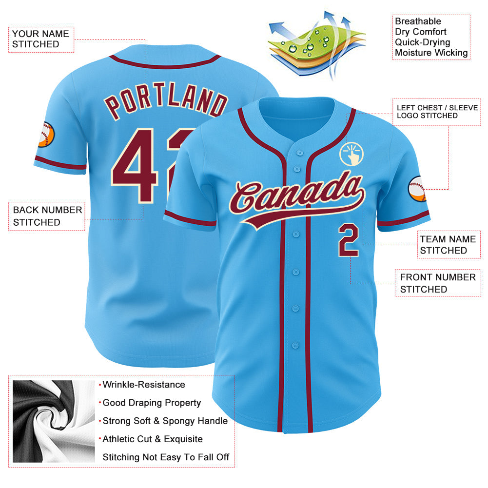 Custom Sky Blue Crimson-Cream Authentic Baseball Jersey view 3