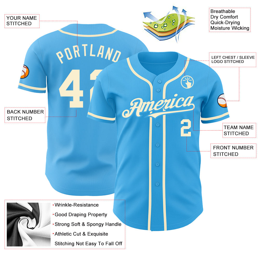 Custom Sky Blue Cream Authentic Baseball Jersey view 3