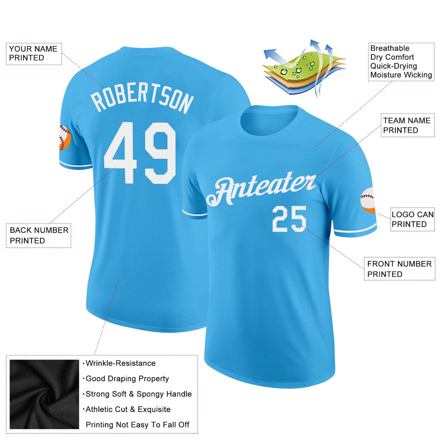 Custom Sky Blue White Performance T-Shirt view 2