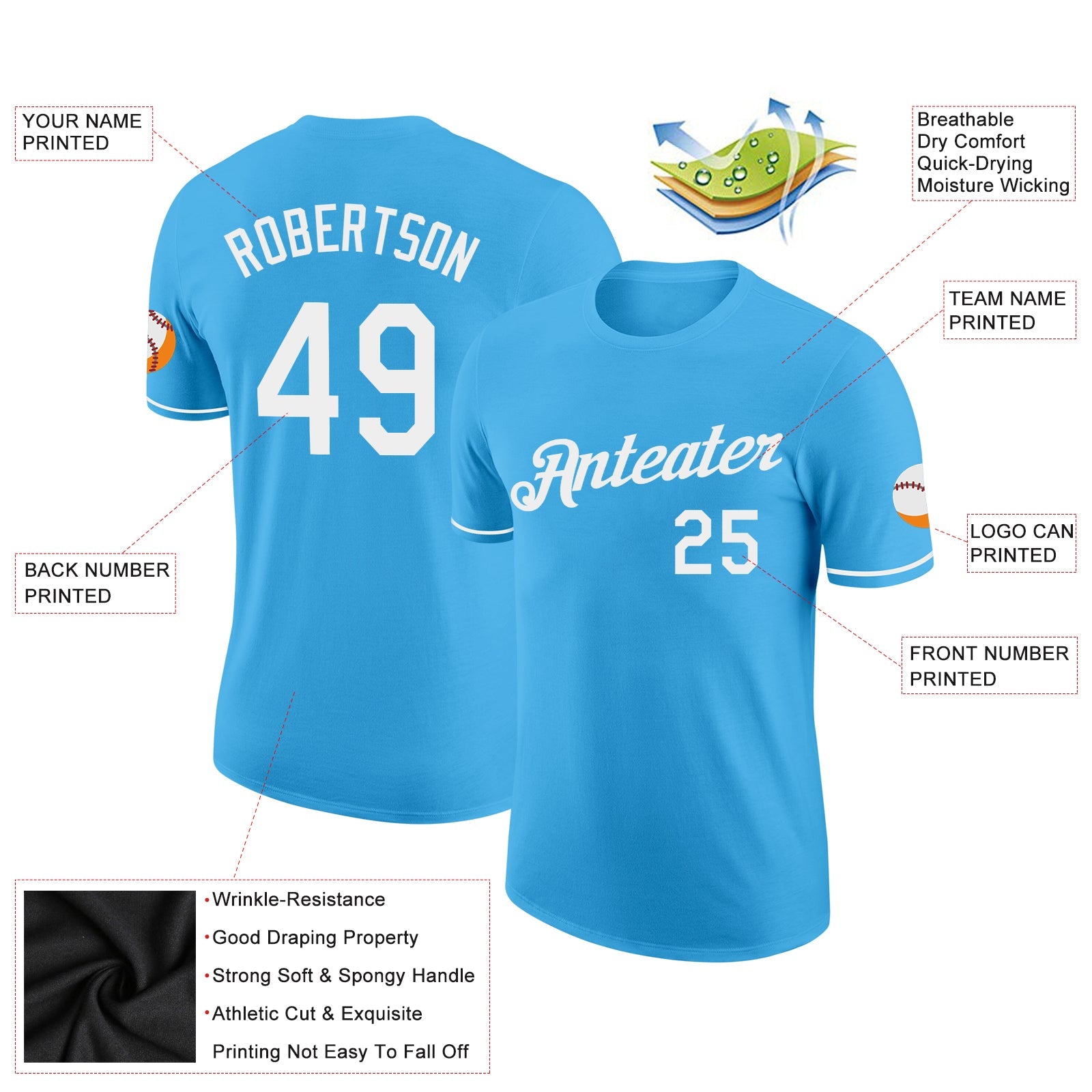 Custom Sky Blue White Performance T-Shirt view 2