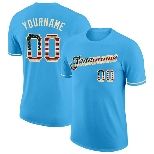 Custom Sky Blue Vintage USA Flag-City Cream Performance T-Shirt - Main View
