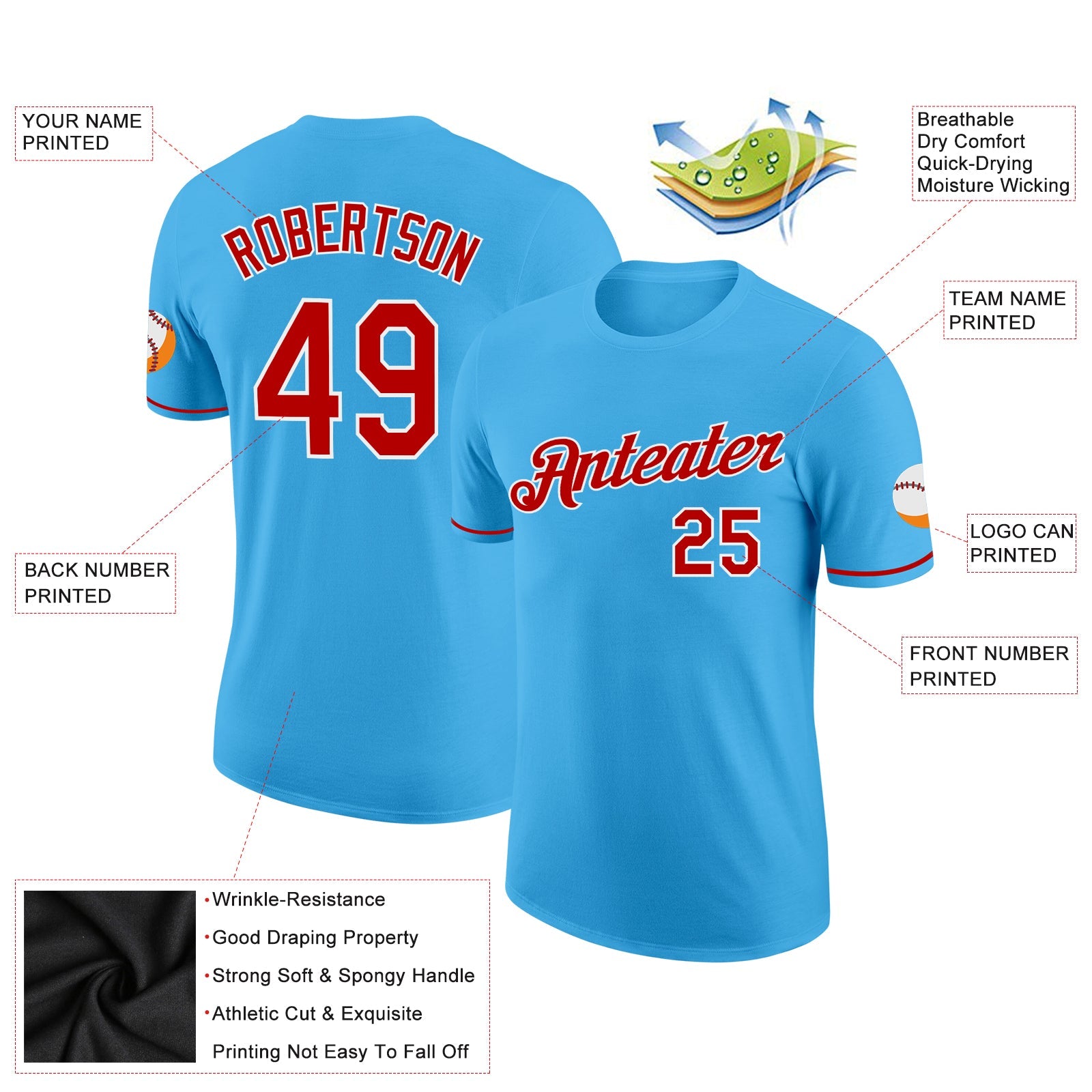 Custom Sky Blue Red-White Performance T-Shirt view 2