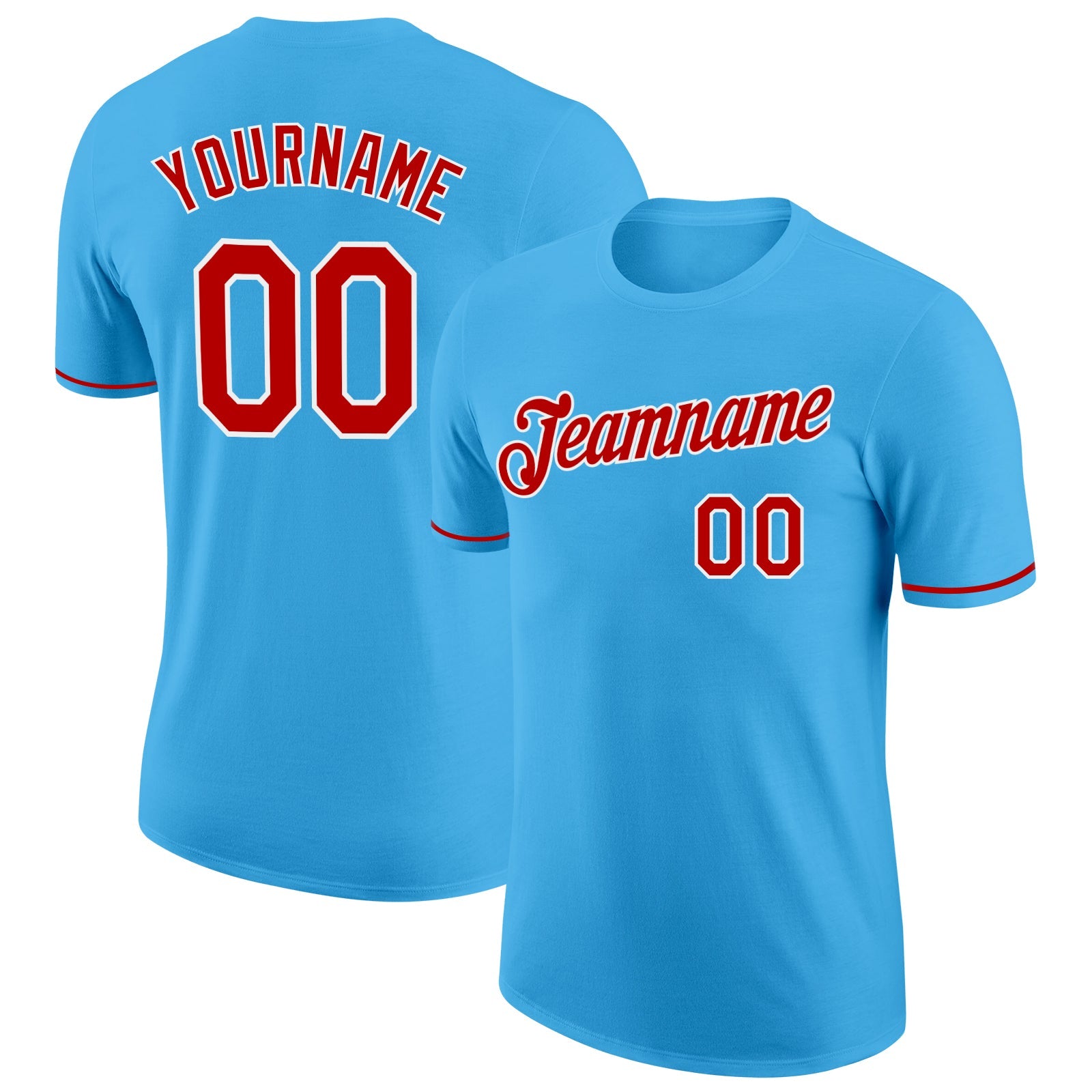 Custom Sky Blue Red-White Performance T-Shirt - Main View
