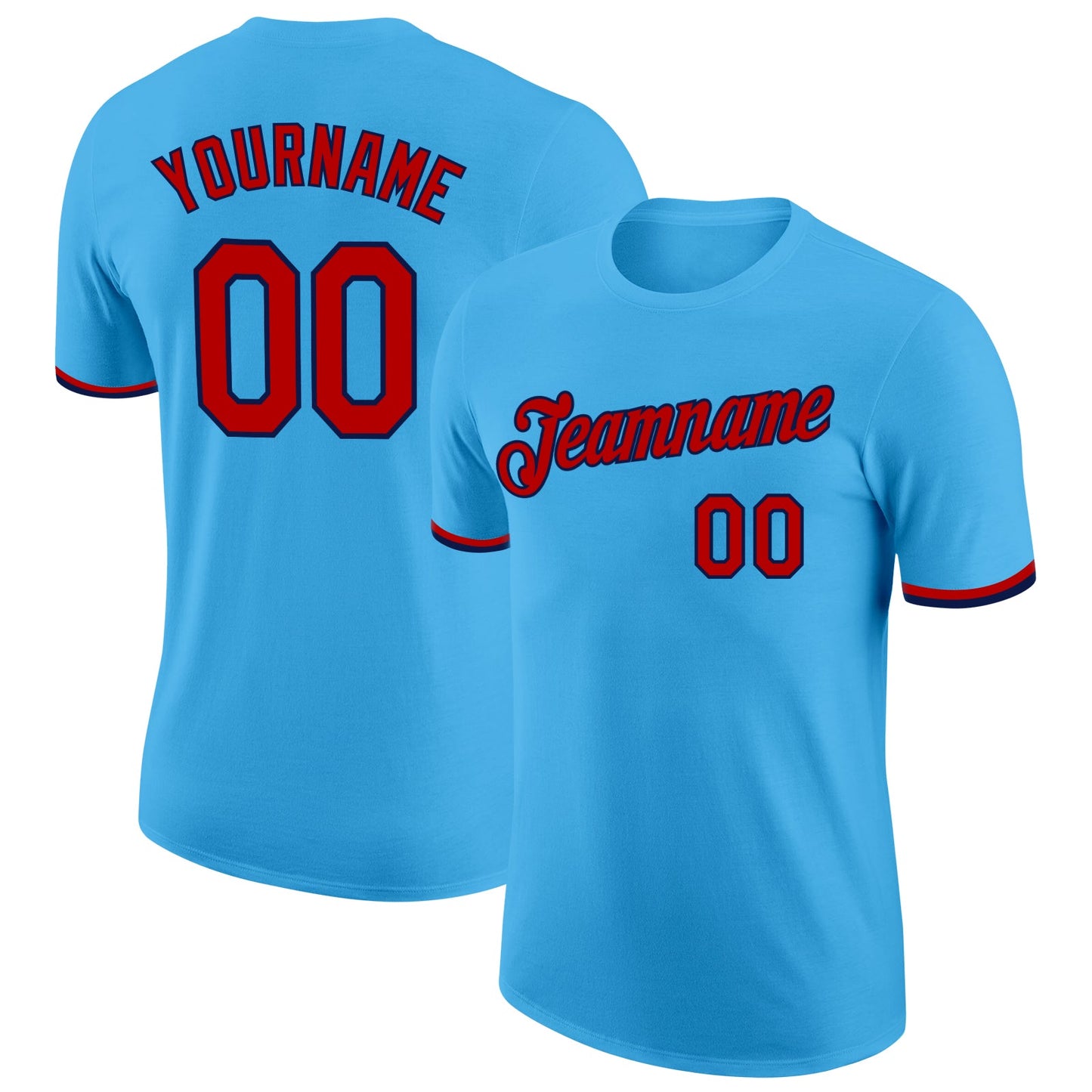 Custom Sky Blue Red-Navy Performance T-Shirt - Main View