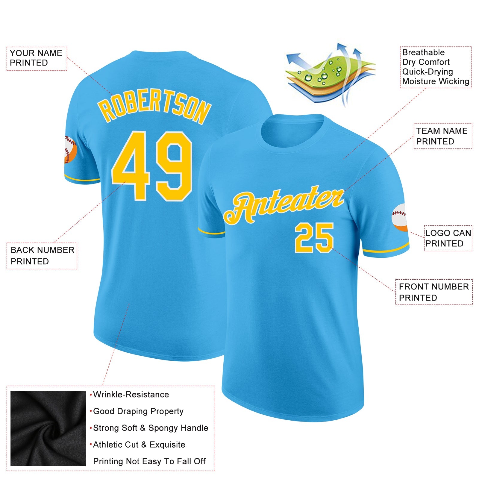 Custom Sky Blue Yellow-White Performance T-Shirt view 2