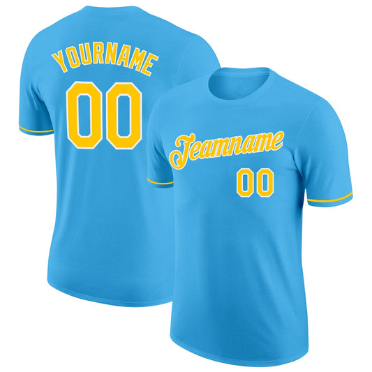 Custom Sky Blue Yellow-White Performance T-Shirt - Main View