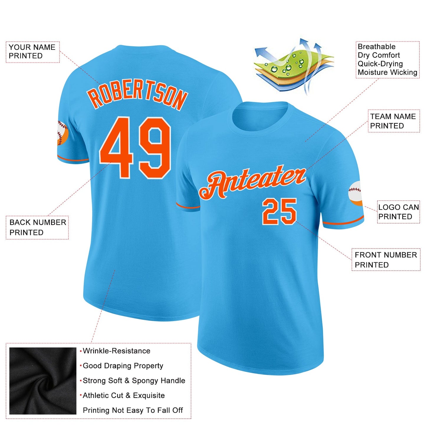 Custom Sky Blue Orange-White Performance T-Shirt view 2