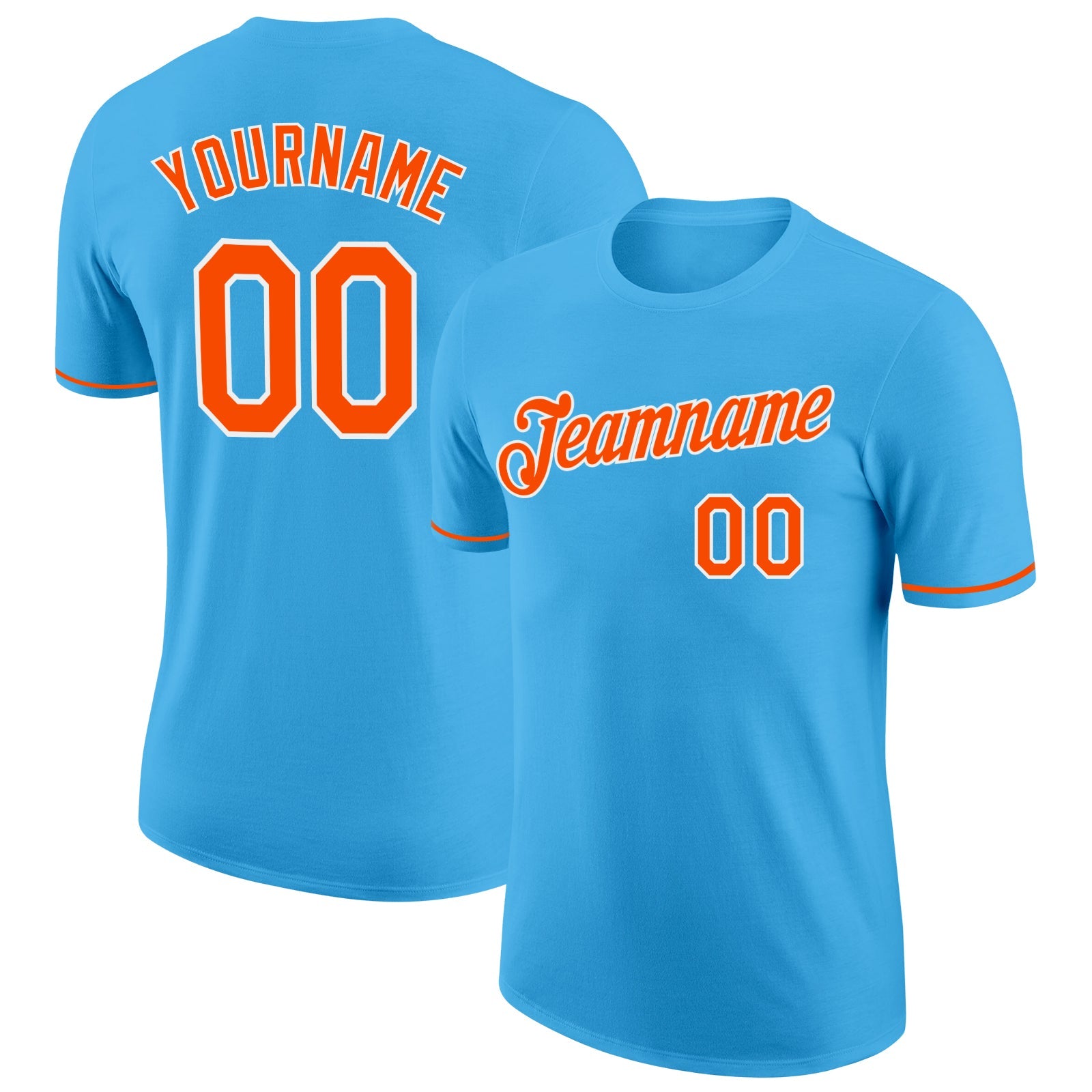 Custom Sky Blue Orange-White Performance T-Shirt - Main View