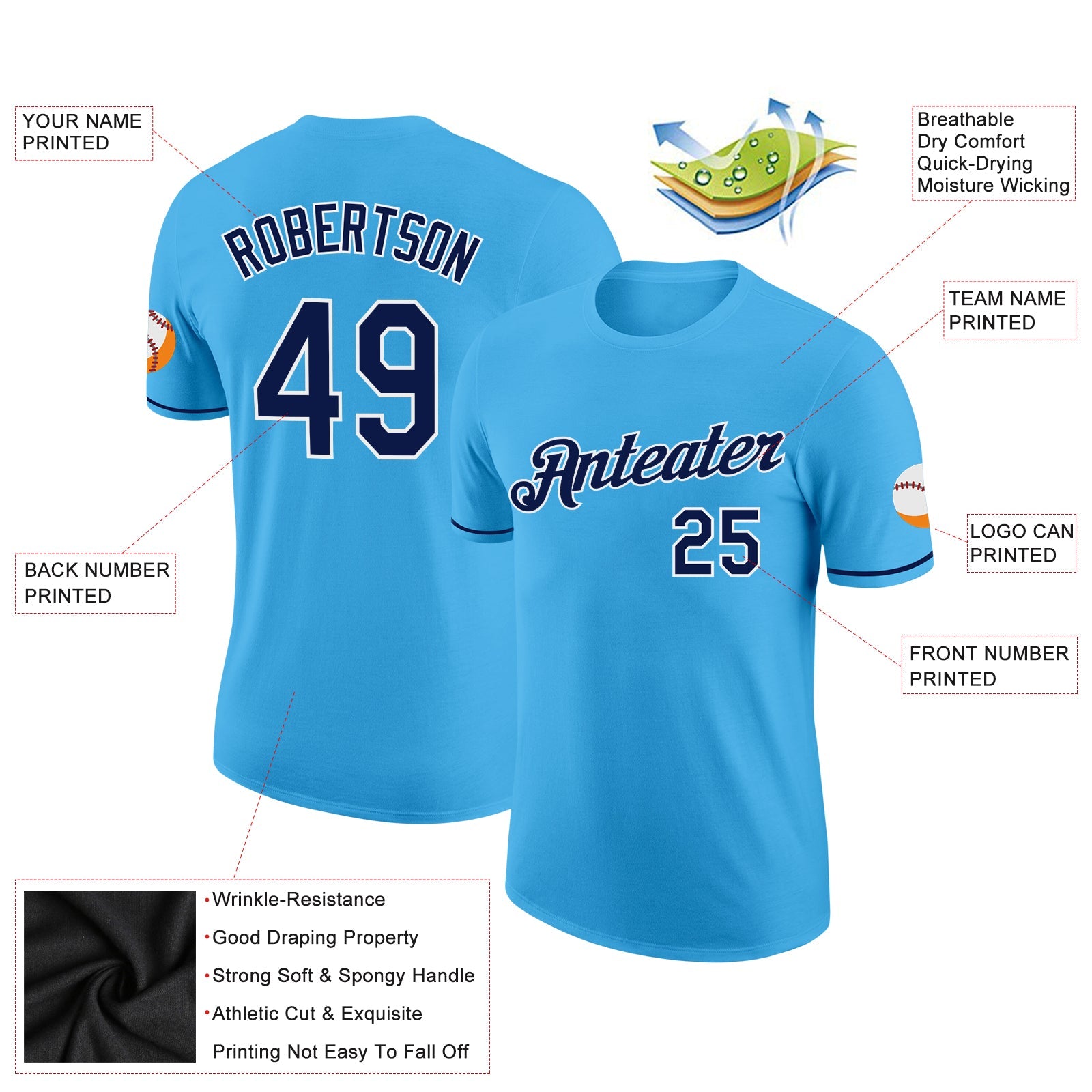 Custom Sky Blue Navy-White Performance T-Shirt view 2
