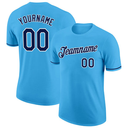 Custom Sky Blue Navy-White Performance T-Shirt - Main View
