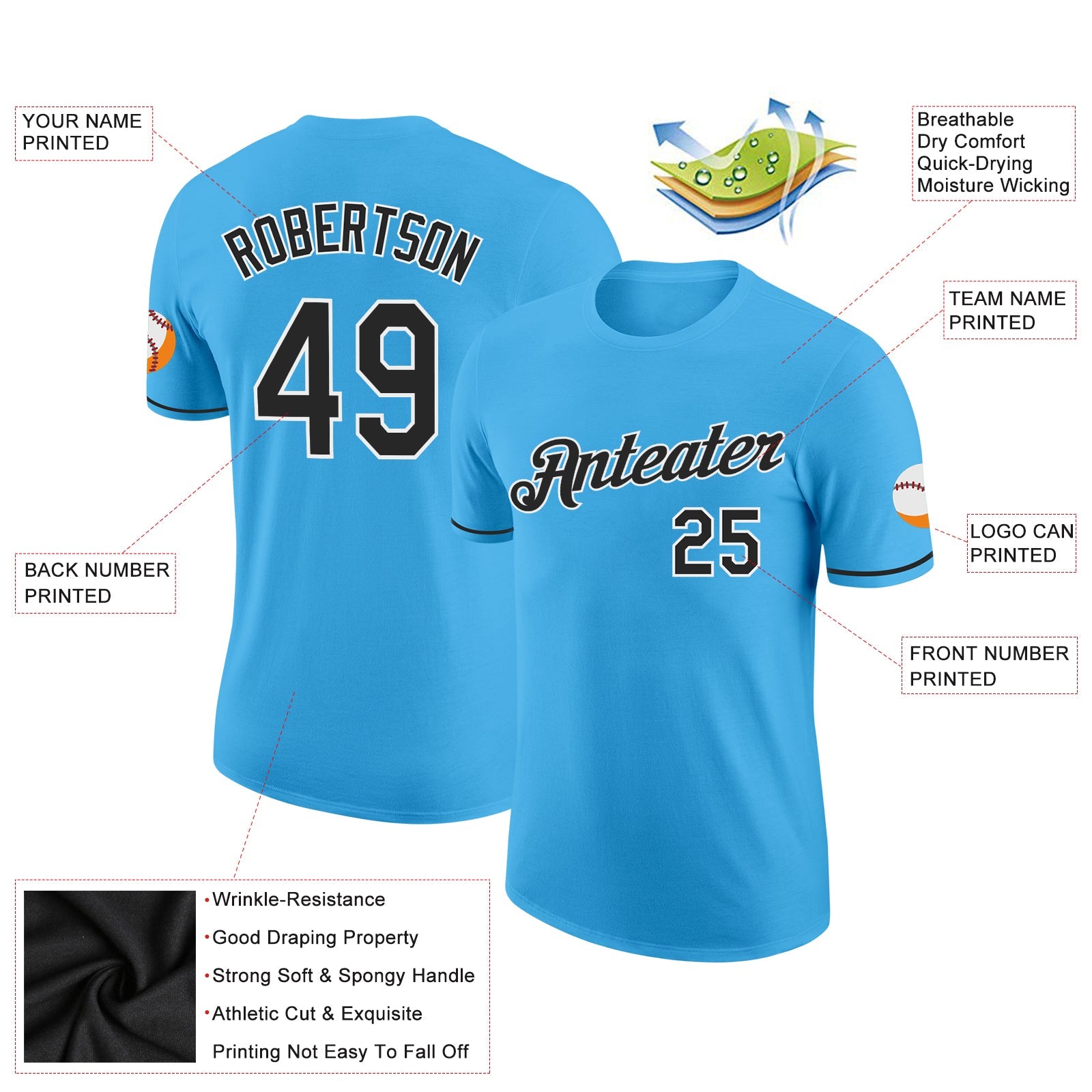 Custom Sky Blue Black-White Performance T-Shirt view 2