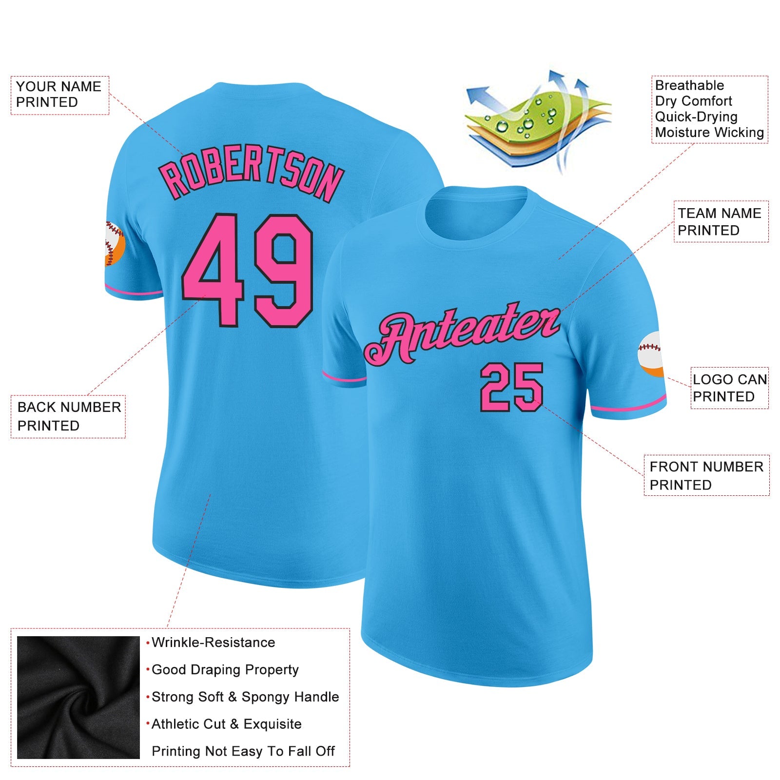 Custom Sky Blue Pink-Black Performance T-Shirt view 2